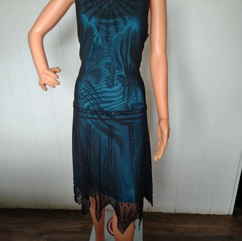 S. L. Fashions Dress; Size 12; Elegant Black and Teal Beaded Dress - Picture 2 of 11
